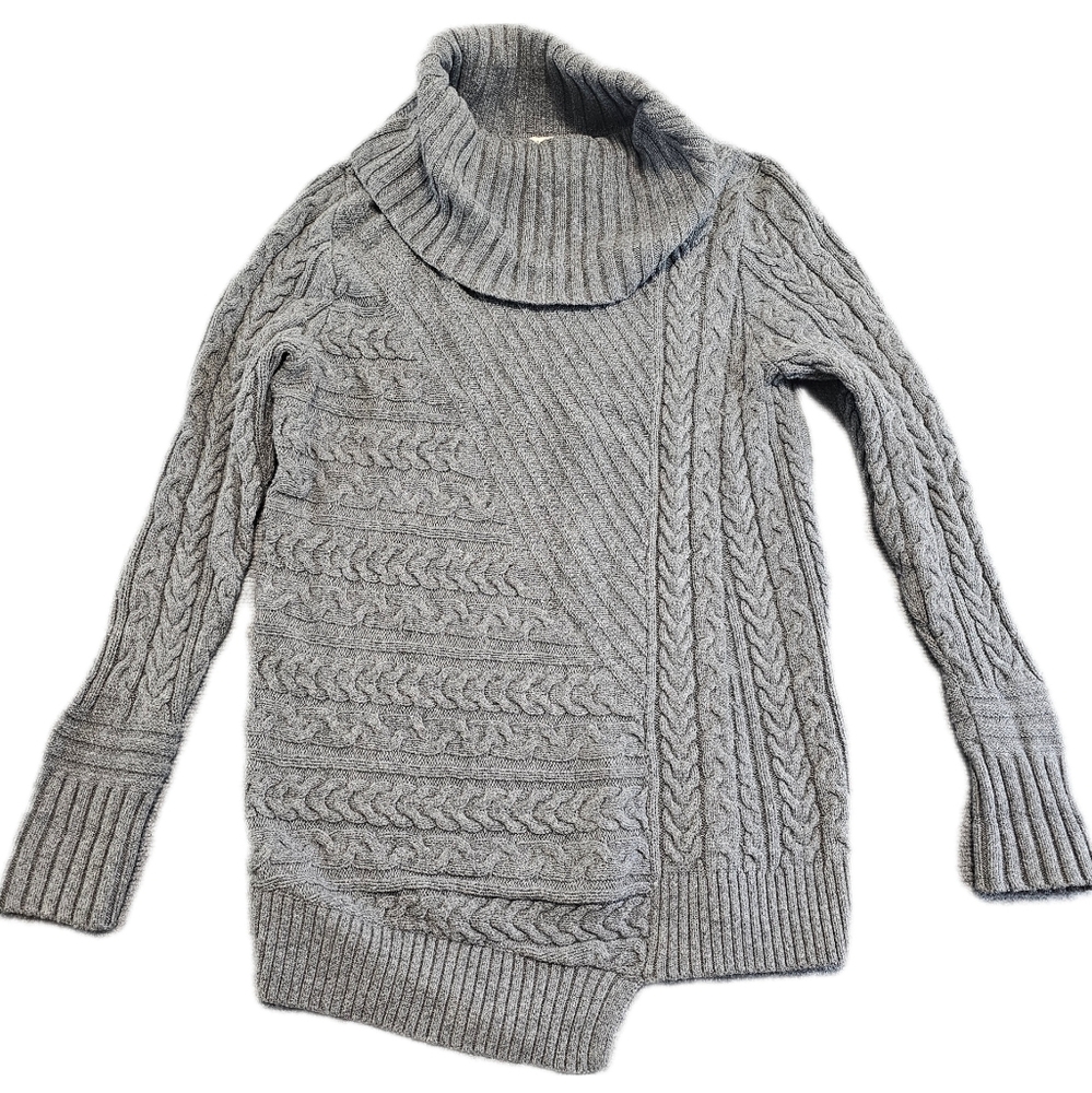LL Bean Women's M Wool Blend Sweater Gray Cable Knit Cowl Neck Asymmetric Hem